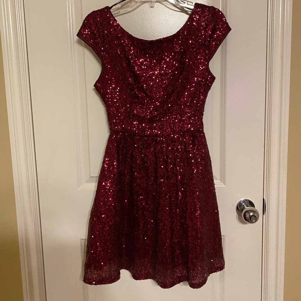 Burgundy Sequence Dress with Cap Sleeves